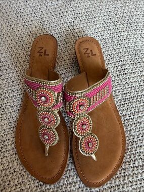 Pink Beaded T-Strap Sandals